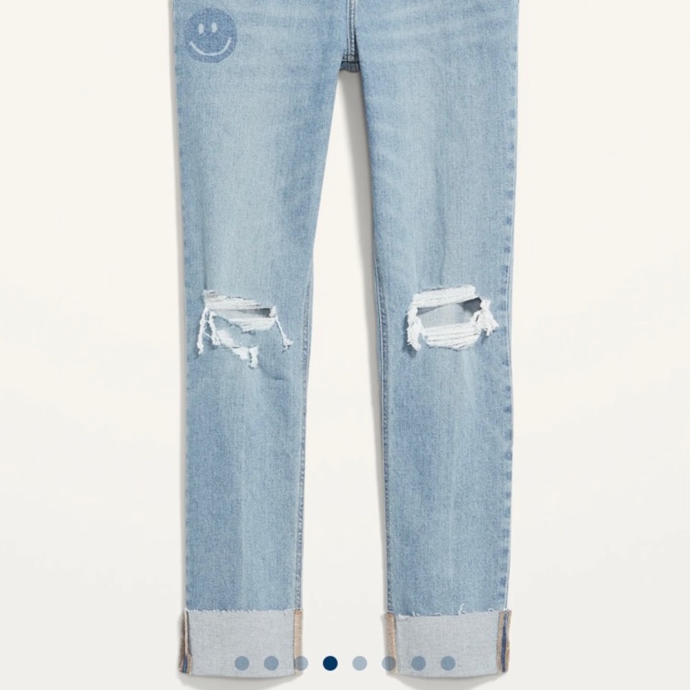 Mid-Rise Boyfriend Straight Ripped Smiley Face Jeans